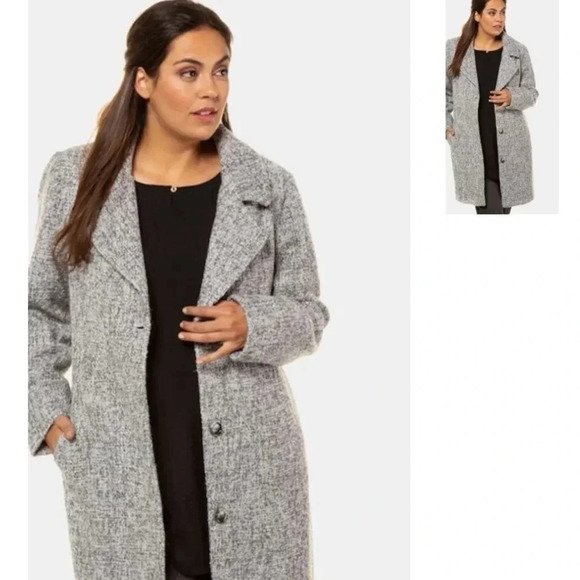 Ulla Popken | Plus  Size Tweed Button Front Pocket 3/4 Coat - Picture 9 of 10